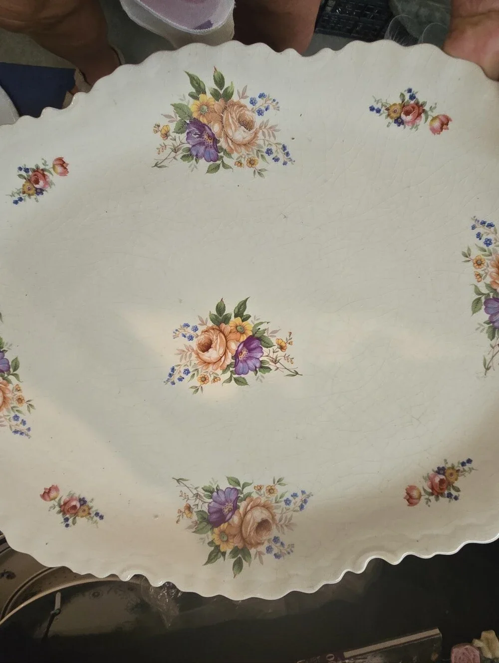 Rare 1940s Porcelain Compote 14 Inch Platter With Floral Details. Scalloped Edge